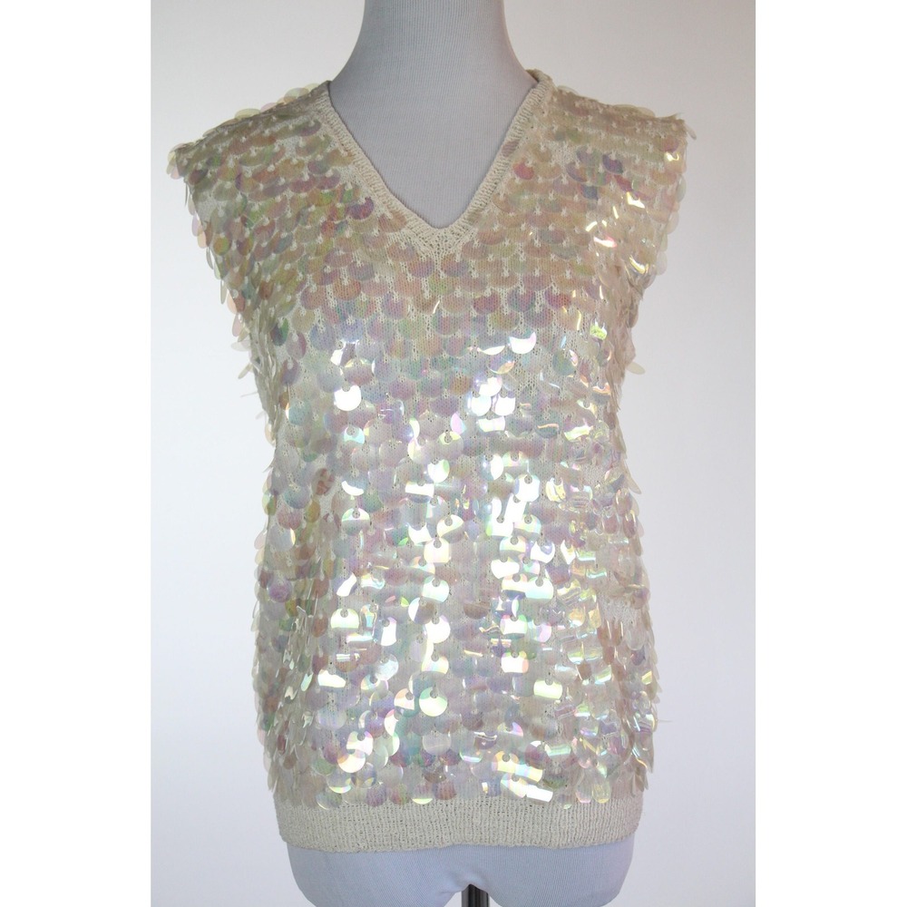 GLAM Vintage 1950s 60s Sequin Sweater White Beaded Sleeveless Size S M